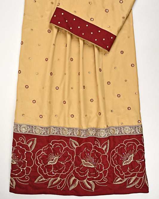 Golden Red Booties Rida With Maroon Panel &  Golden Aari Work