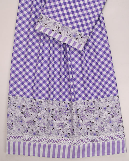 Dark Purple White Checks Rida With Floral & Stripes Panel