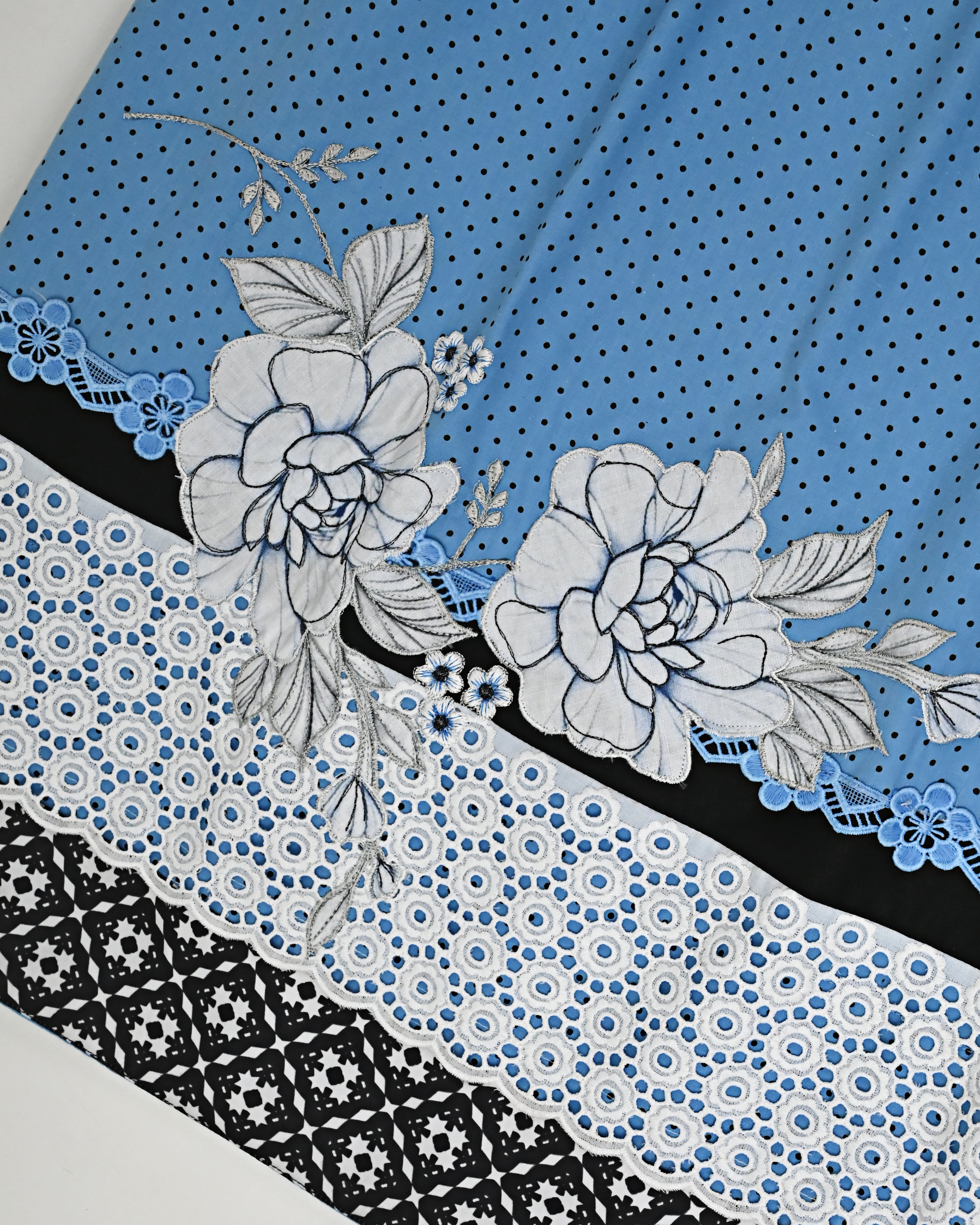 Airforce Blue Dotted Rida With Smart Floral Lace Smart Panel & Floral Appique