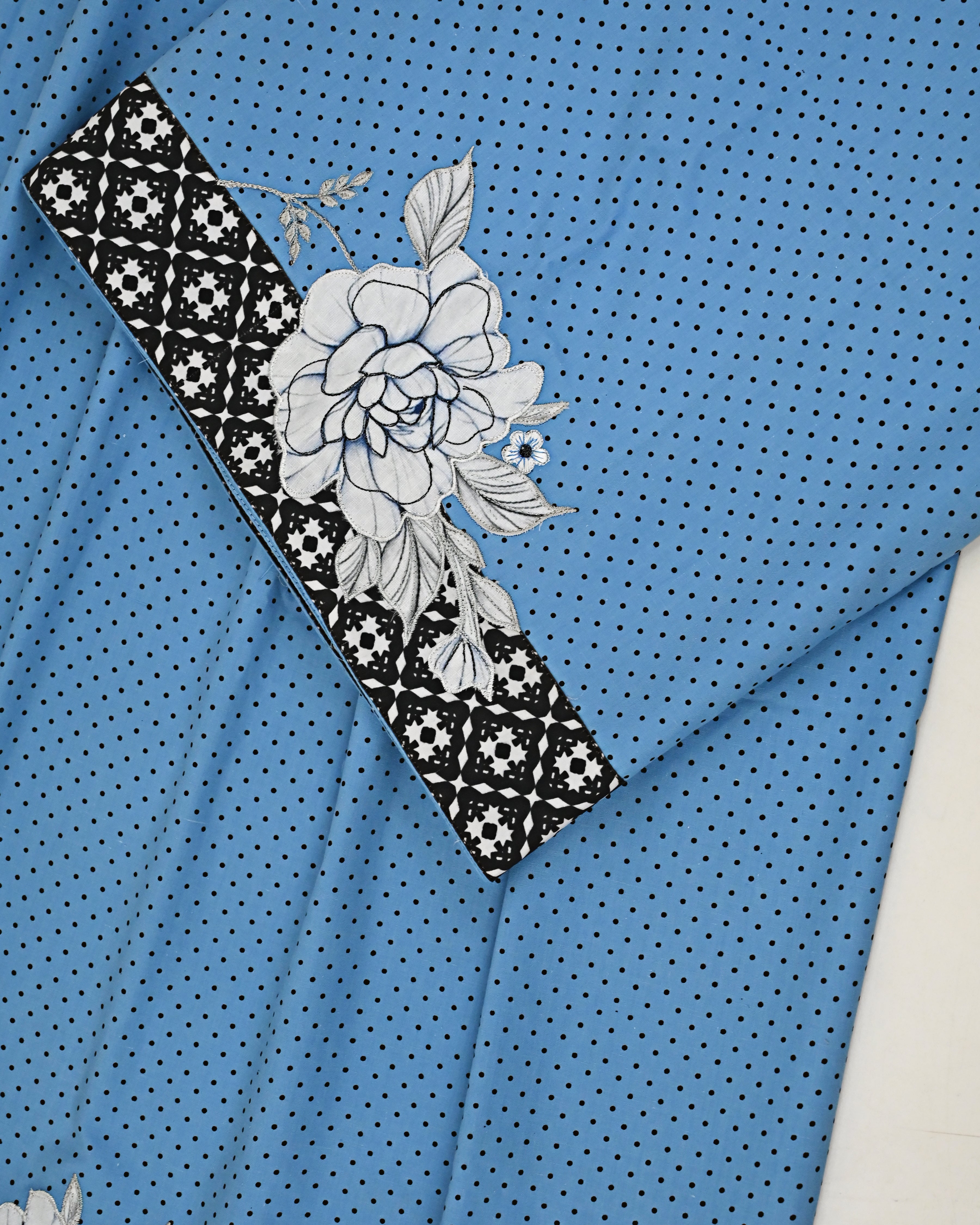 Airforce Blue Dotted Rida With Smart Floral Lace Smart Panel & Floral Appique