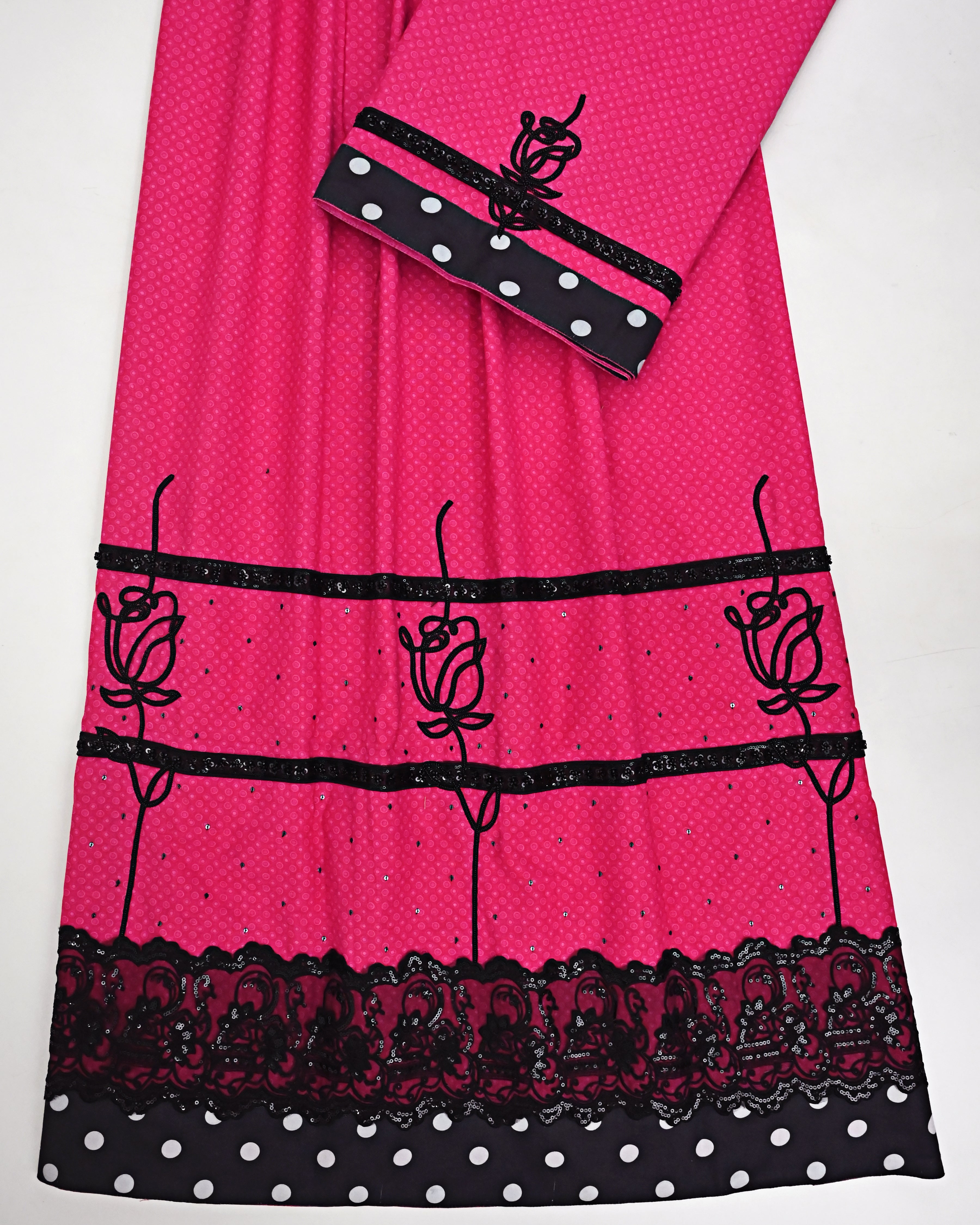 Hot Pink Rida With Smart Black Floral Aari Work & Smart Black Lace Panel