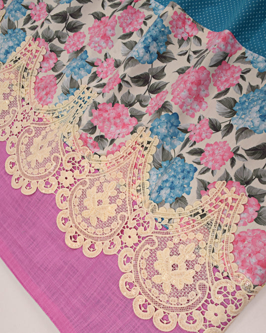 Turquoise Blue Rida With Smart Floral Panel & Beautiful Lace