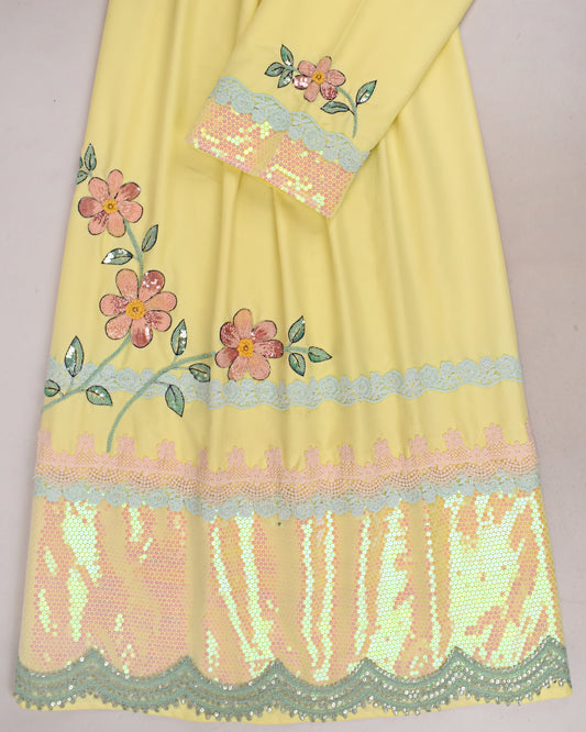 Lemon Yellow Rida With Sequence Lace & Lite Floral Aari Work