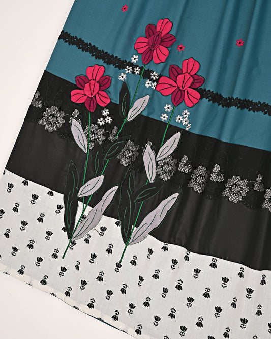 Dark Green Rida With B&W Panel Lace & Floral Applique Work