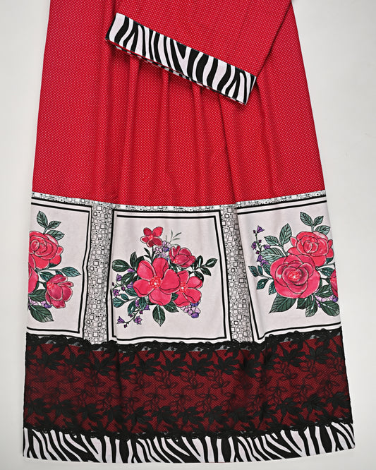 Blood Red Rida With Smart Floral Work Panel & Black Lace