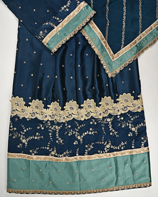 Navy Blue RCJ With Golden Lace & Floral Embroidery Work