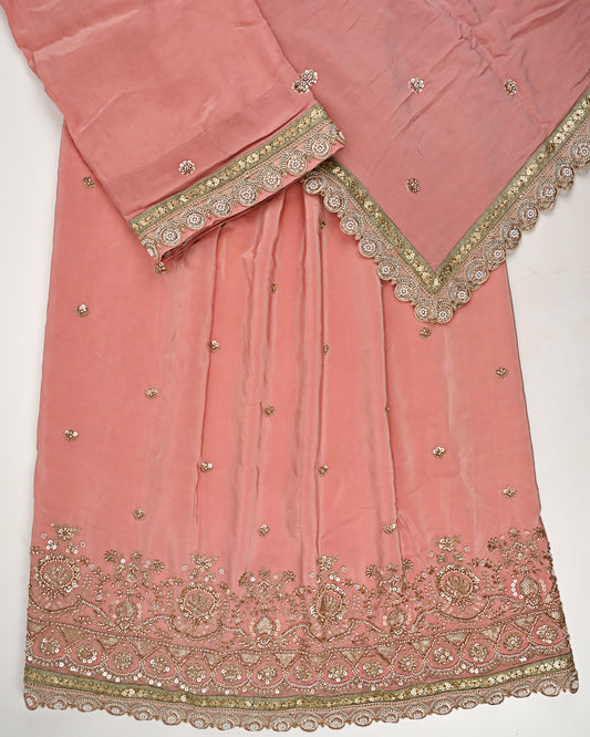 Carrot Pink RCJ With All Over Booties & Golden Heavy Work/Dupatta With Lace