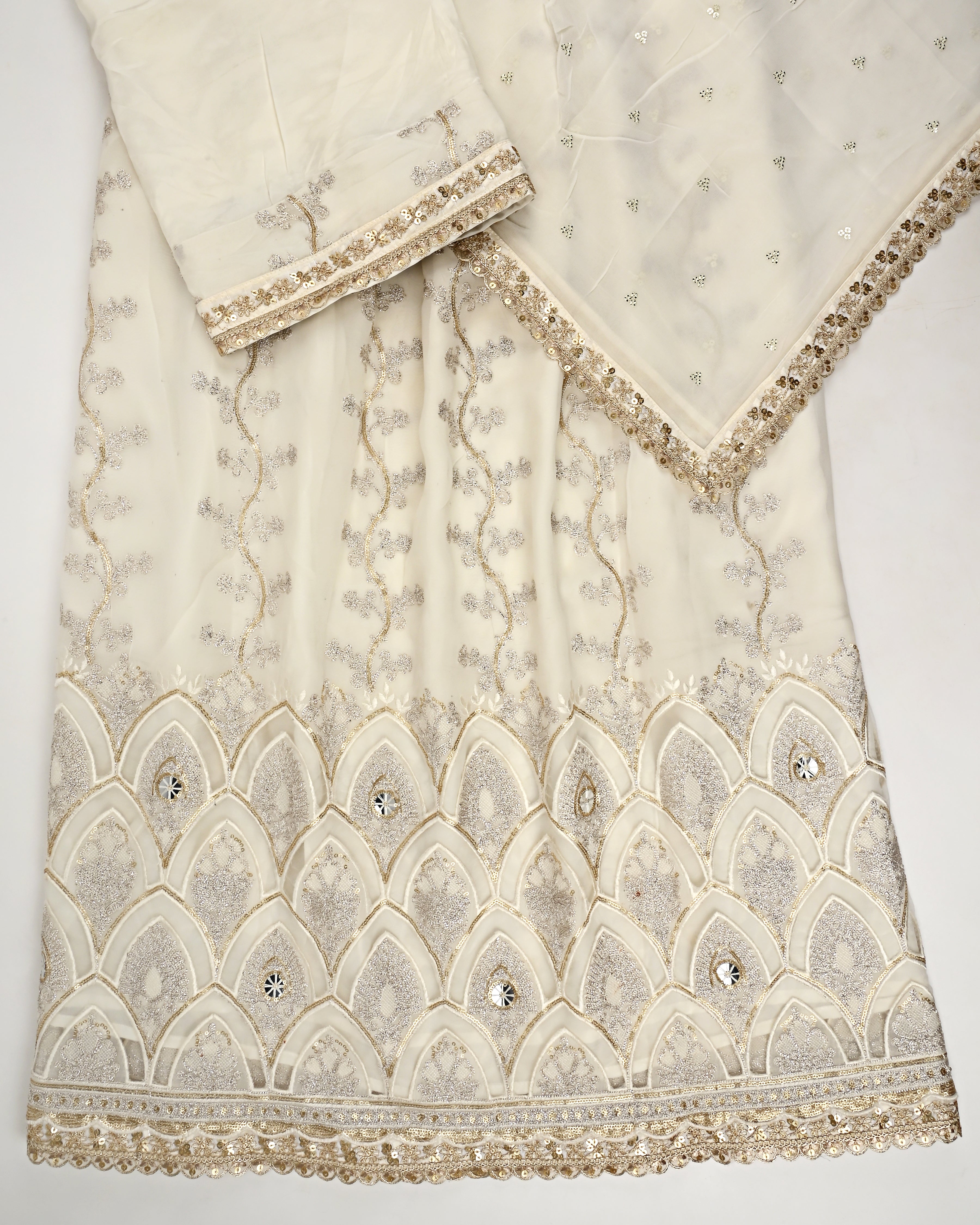 Ivory RCJ With Full Golden Embroidery Work & Golden Booties Dupatta