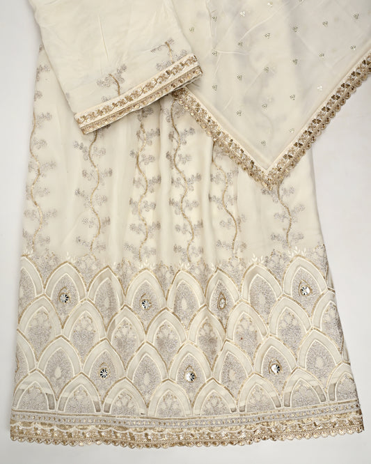 Ivory RCJ With Full Golden Embroidery Work & Golden Booties Dupatta