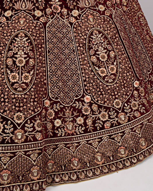 Dark Maroon Velvet Bridal Wear With Full Machine Embroidery & Same Dupatta With Border