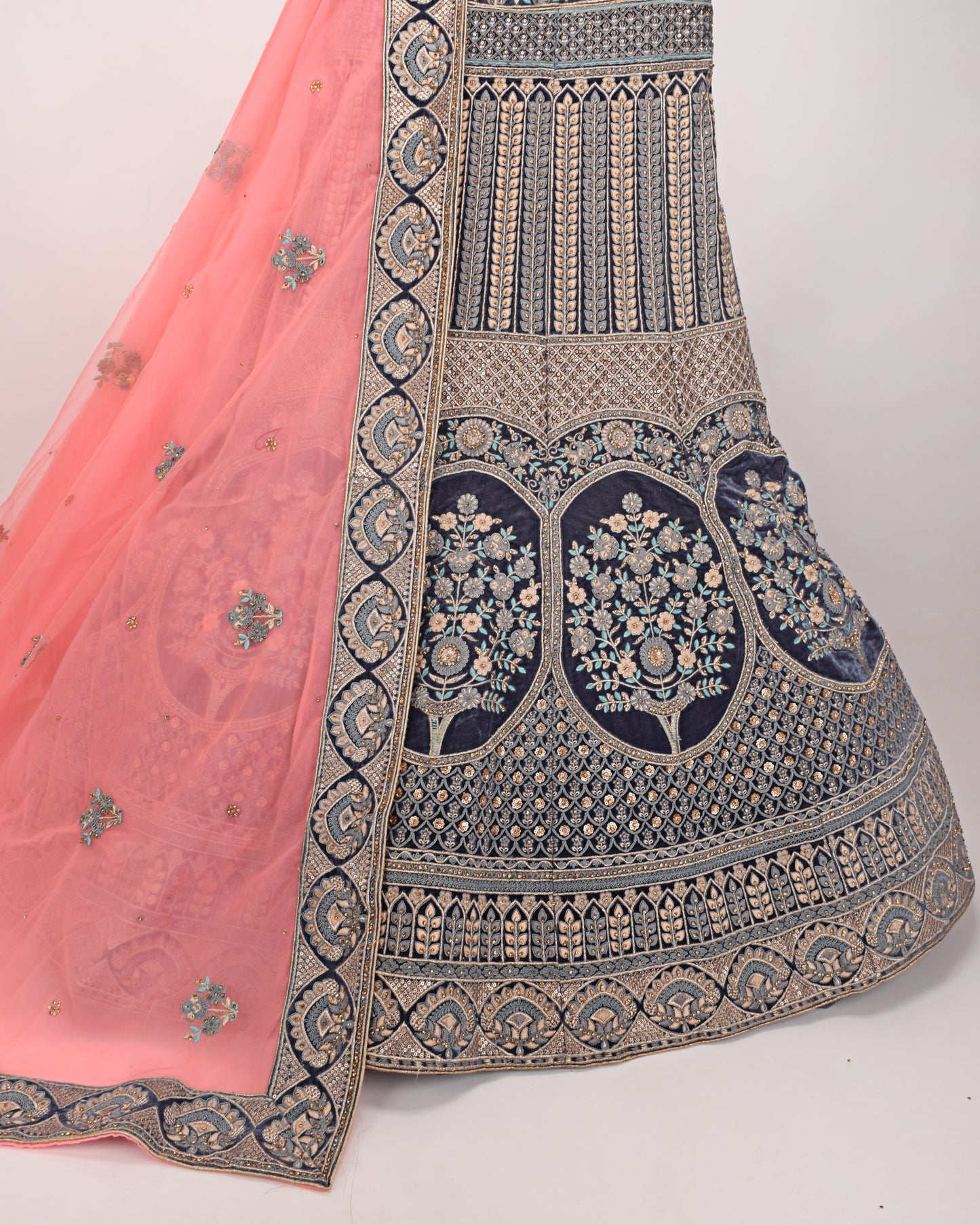 Navy Blue Velvet Bridal Wear With Full Machine Work & Pink Dupatta With Border
