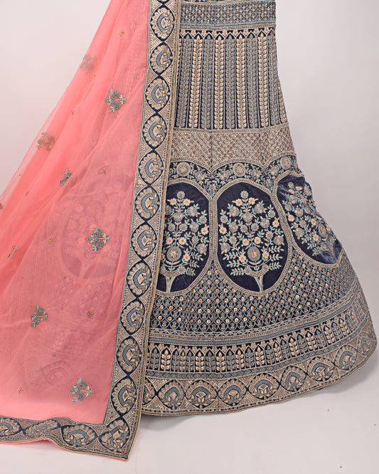 Navy Blue Velvet Bridal Wear With Full Machine Work & Pink Dupatta With Border