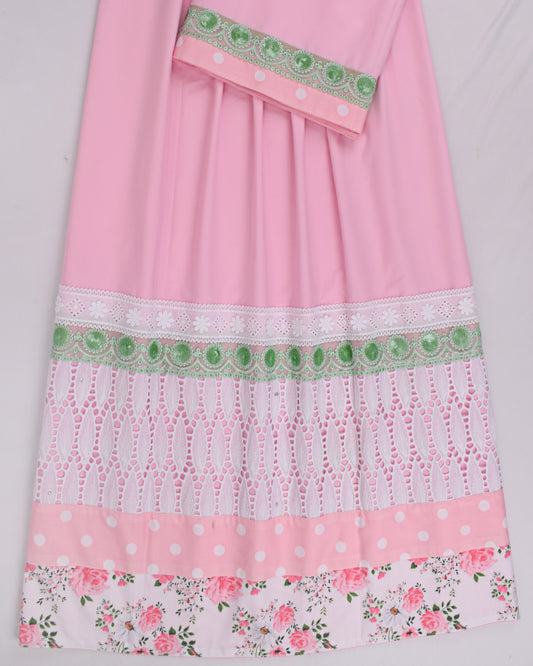 Baby Pink Rida With Smart Floral Panel & Lace