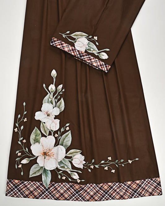 Dark Choclate Rida With Cheks Panel & Floral Applique Work