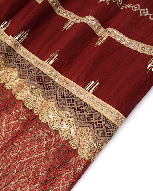 Dark Red Rida With Golden Aari All Over Border & Heavy Panel