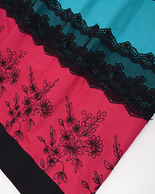 Rama Green Rida With Floral Embroidery On Hot Pink Panel & Pintex
