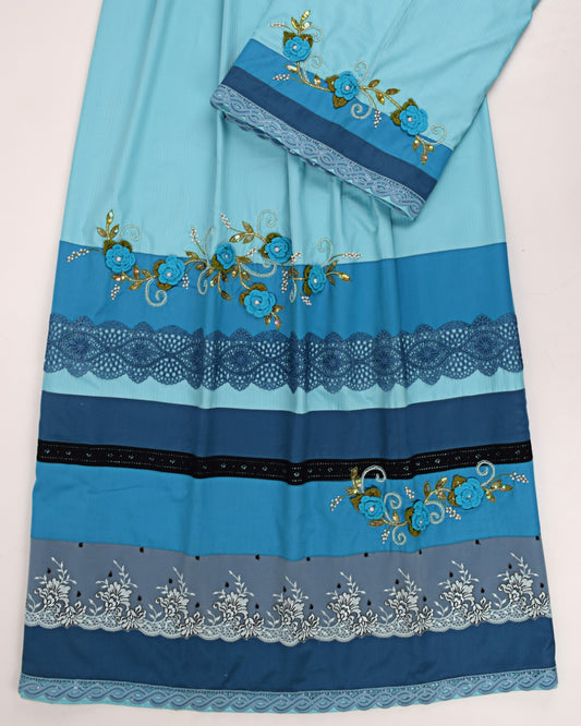 Turquoise Blue Rida With Block Pattern Floral Lace & Floral Work