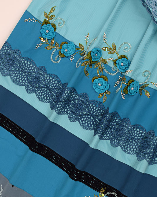 Turquoise Blue Rida With Block Pattern Floral Lace & Floral Work