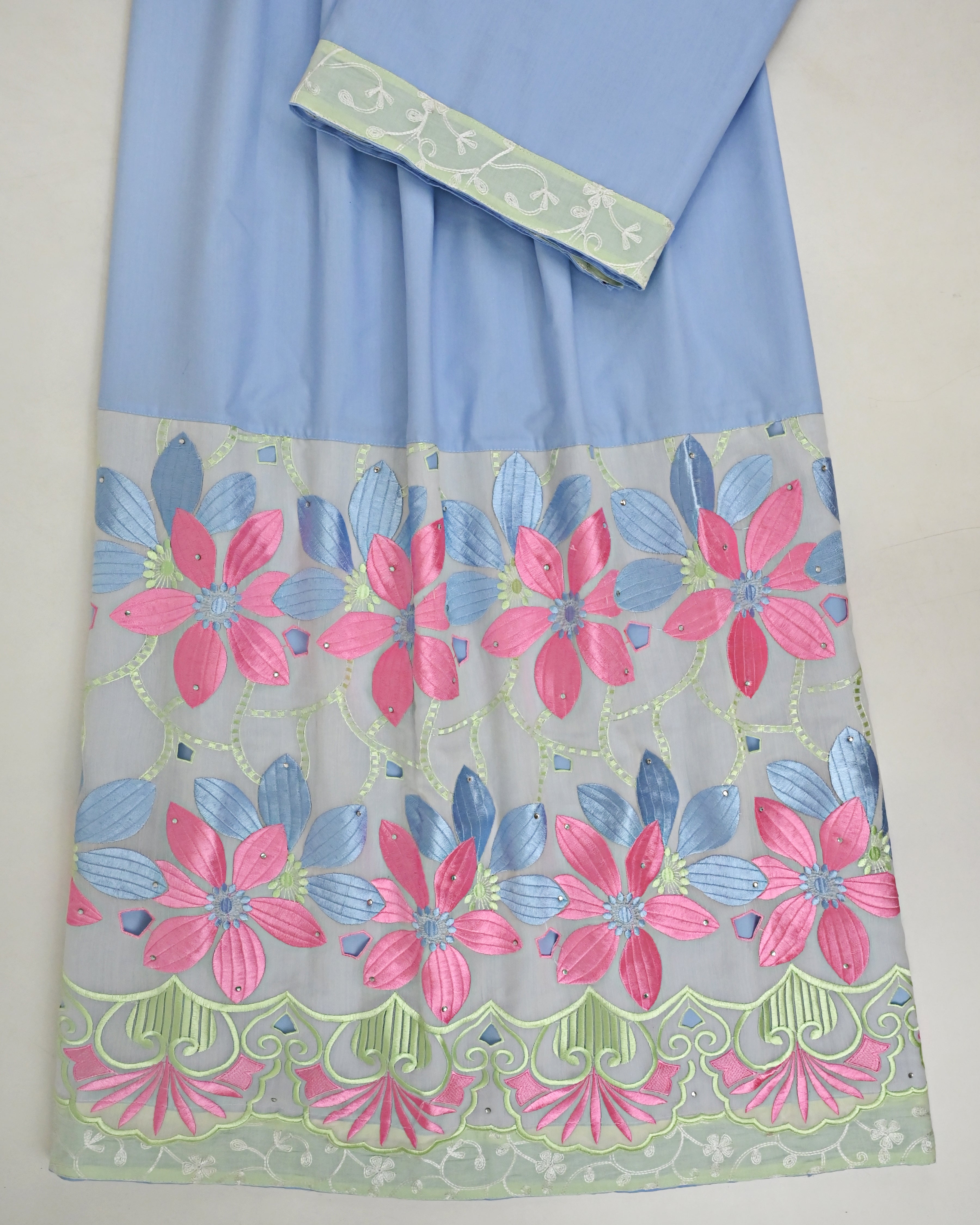 Ice Berg Blue Rida With Multi Color Floral Panel & Lace