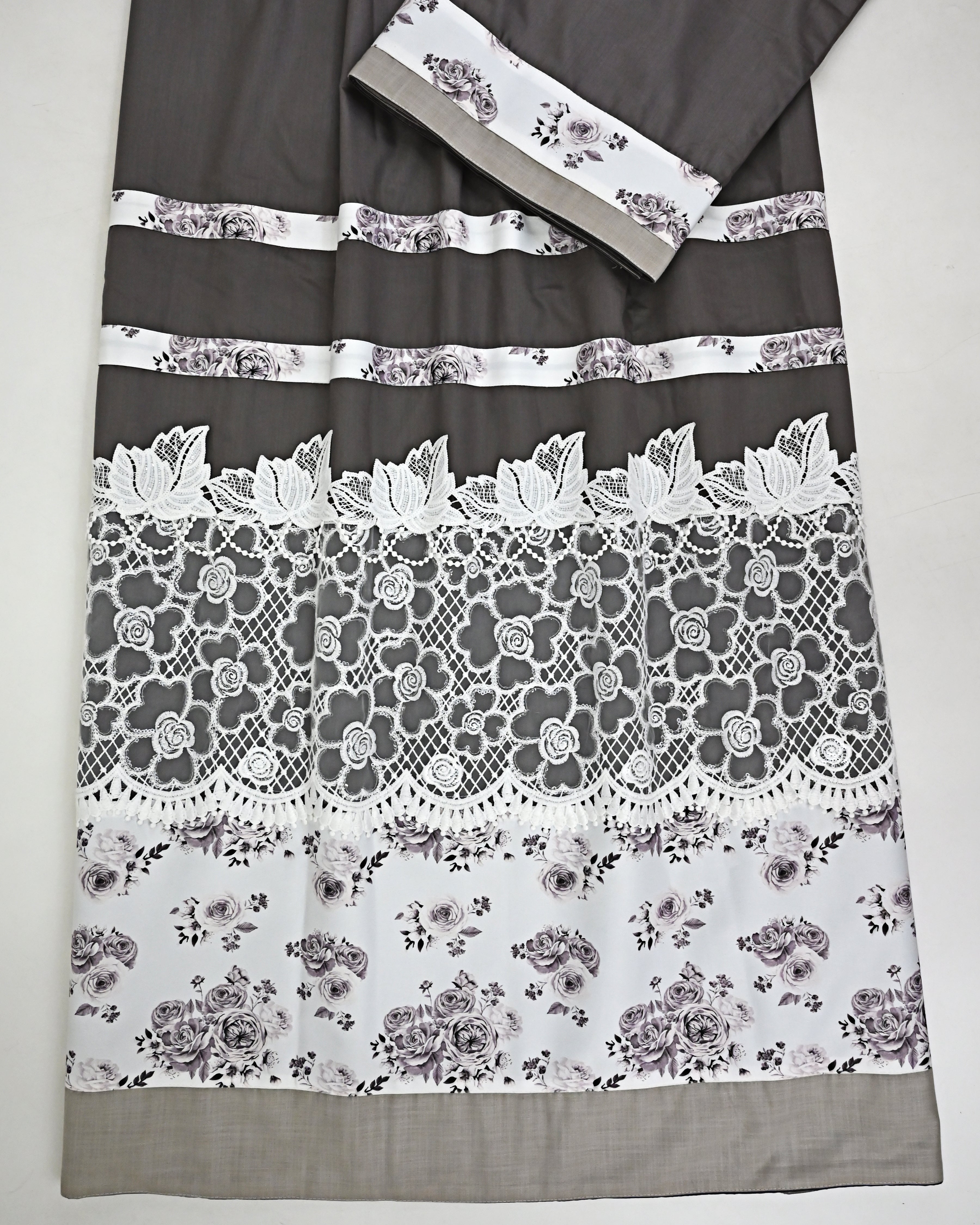 Greenish Grey Rida With Smart High Floral Panel & High Floral White Lace
