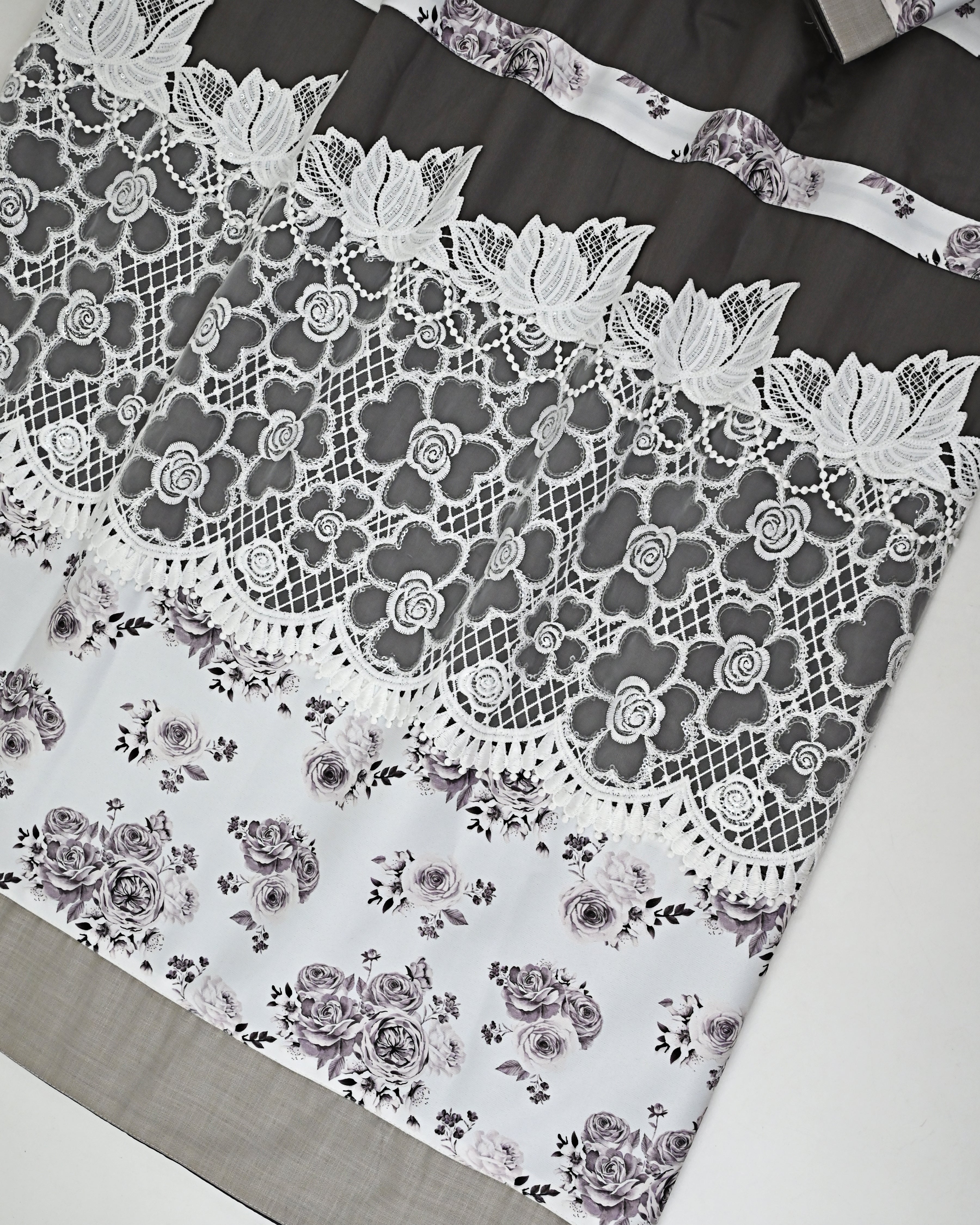 Greenish Grey Rida With Smart High Floral Panel & High Floral White Lace
