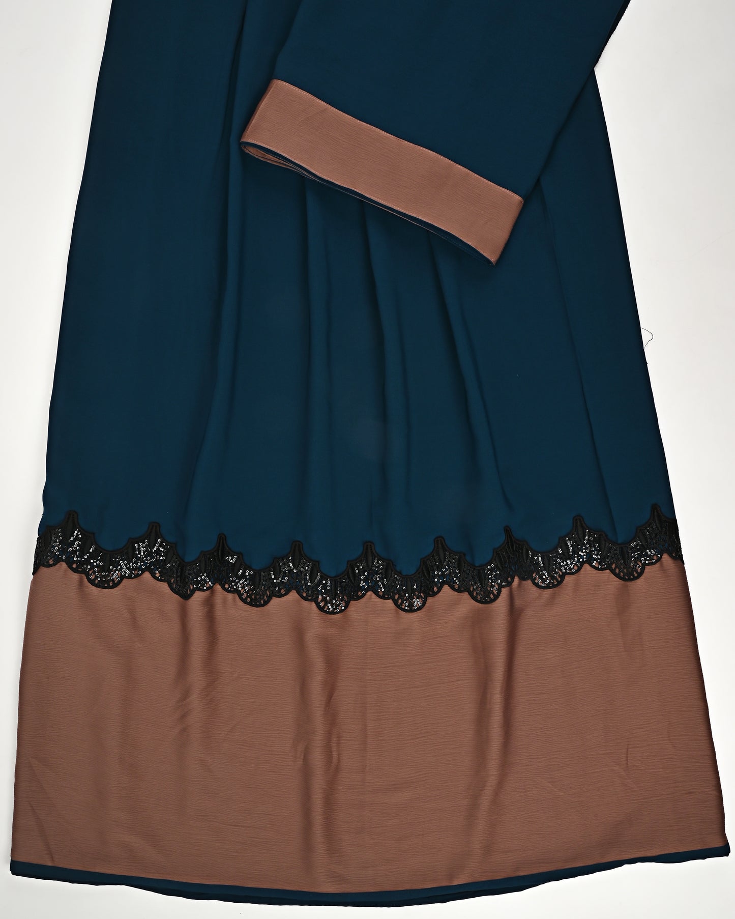 Dark Petrol Blue Abaya Rida With Smart Brown Abaya Panel & Black Lace-1300/-