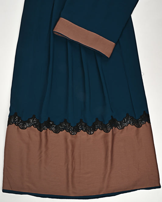 Dark Petrol Blue Abaya Rida With Smart Brown Abaya Panel & Black Lace-1300/-