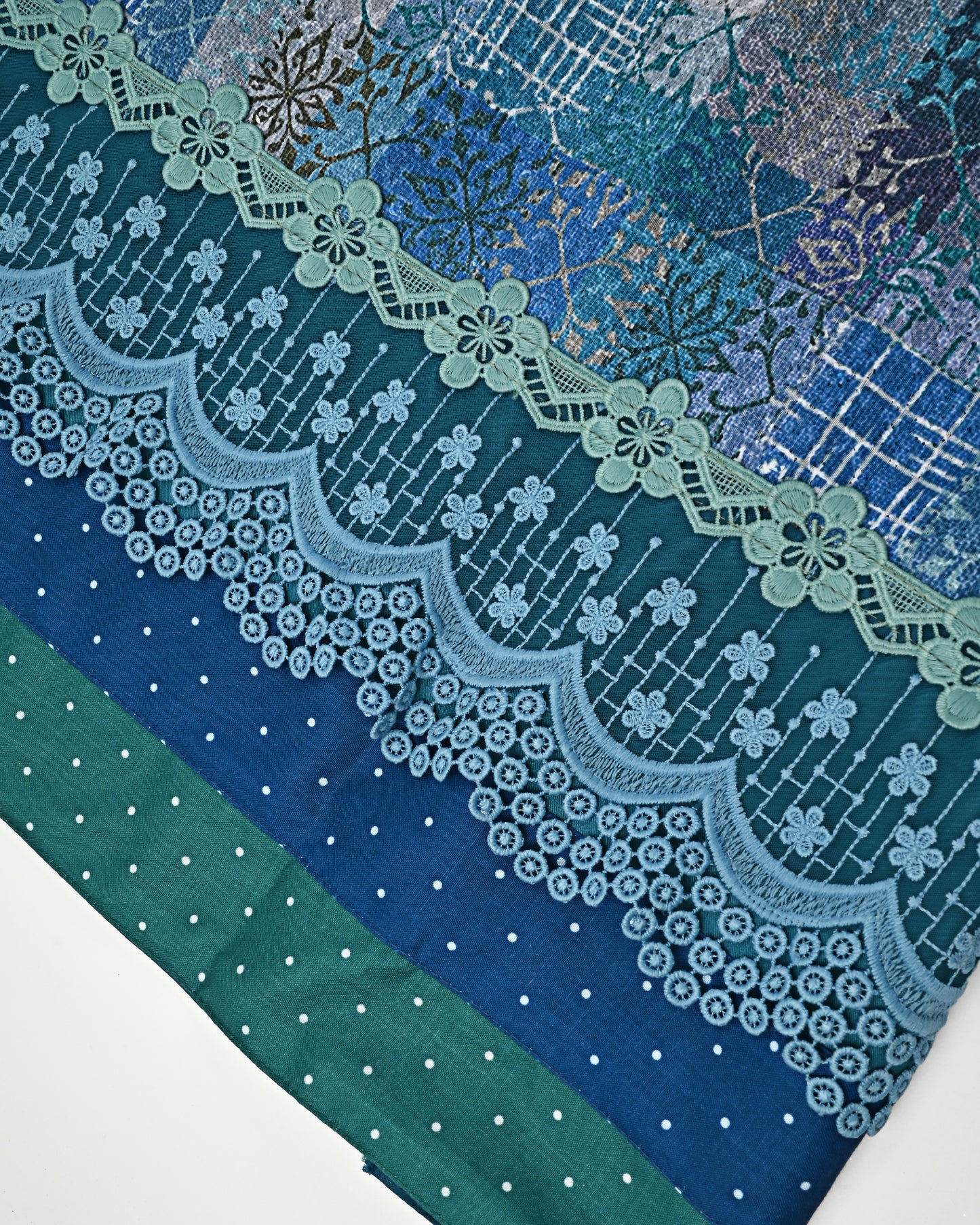 Turquoise Rida With Smart Geometric Design Panel & Smart Dark Lace-1600/-