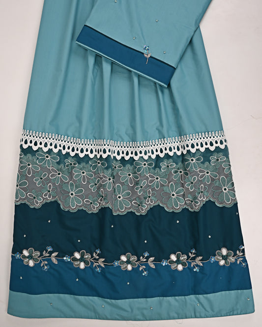 Teal Blue Rida With Smart Lace Panel & Aari Work Border