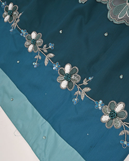 Teal Blue Rida With Smart Lace Panel & Aari Work Border