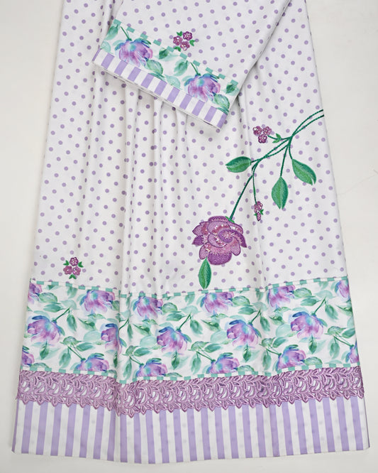 White Base Purple Dots Rida With Floral Panel Lace & Floral Aari Work