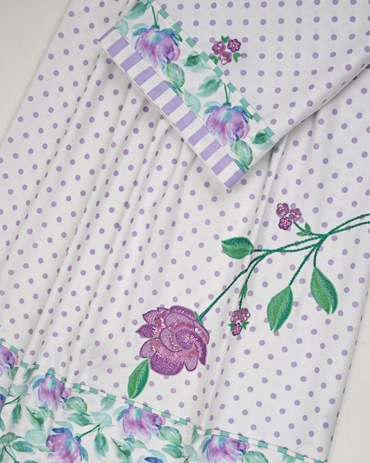 White Base Purple Dots Rida With Floral Panel Lace & Floral Aari Work