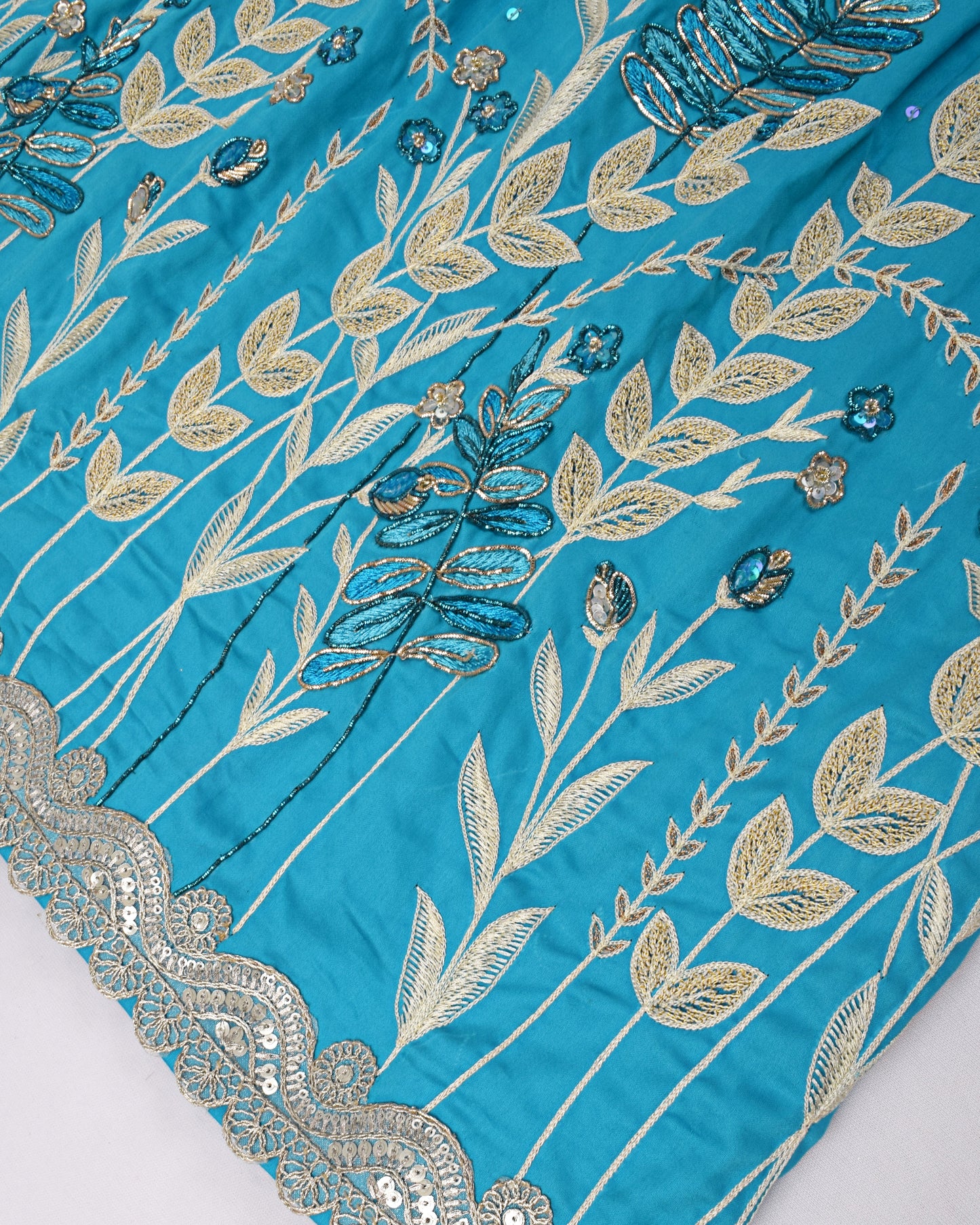 Turquoise Blue Rida With All Over Aari Work & Heavy Lace