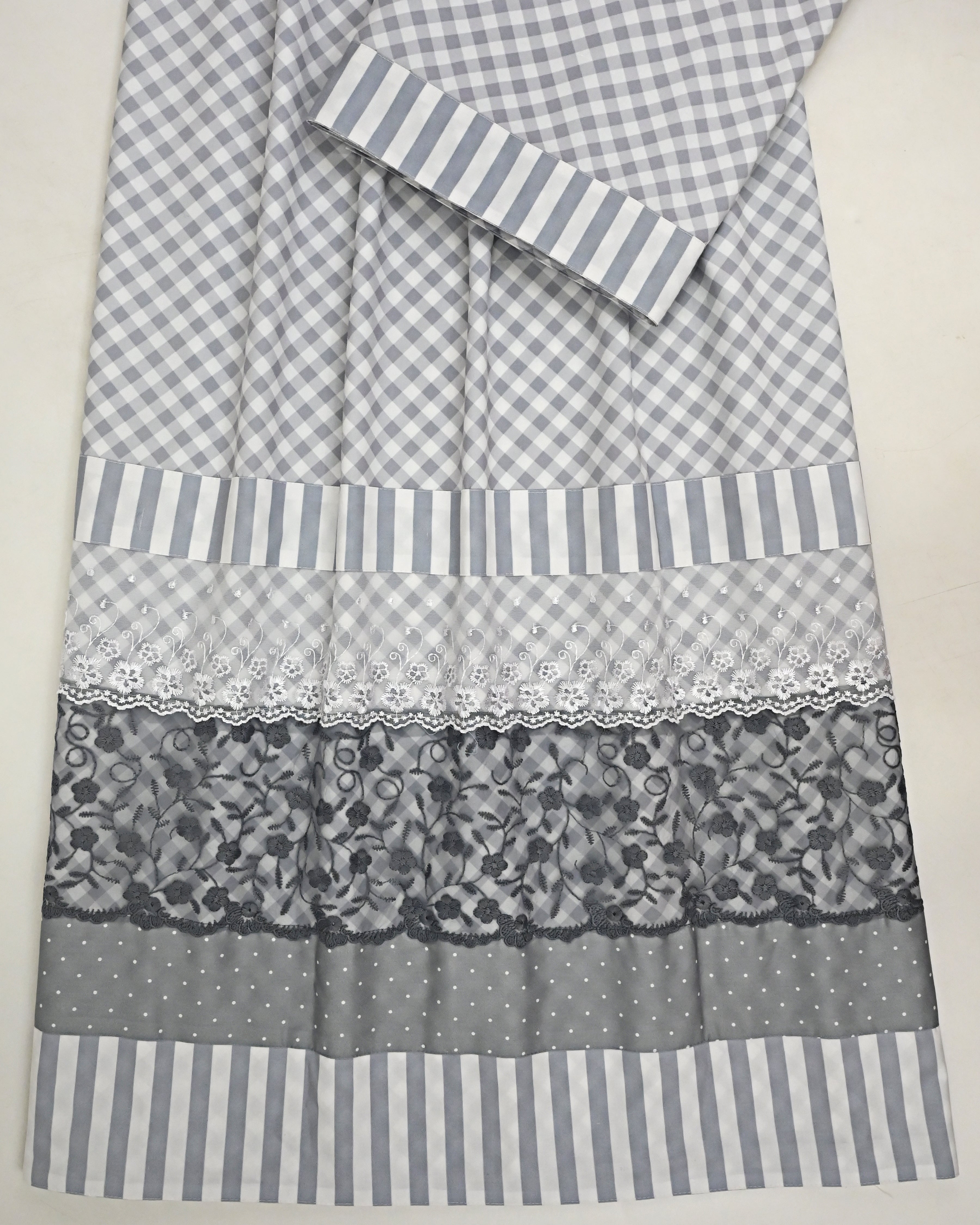 Grey White Cheks Rida With Smart Stripes Dots Panel & Smart Grey Floral Lace