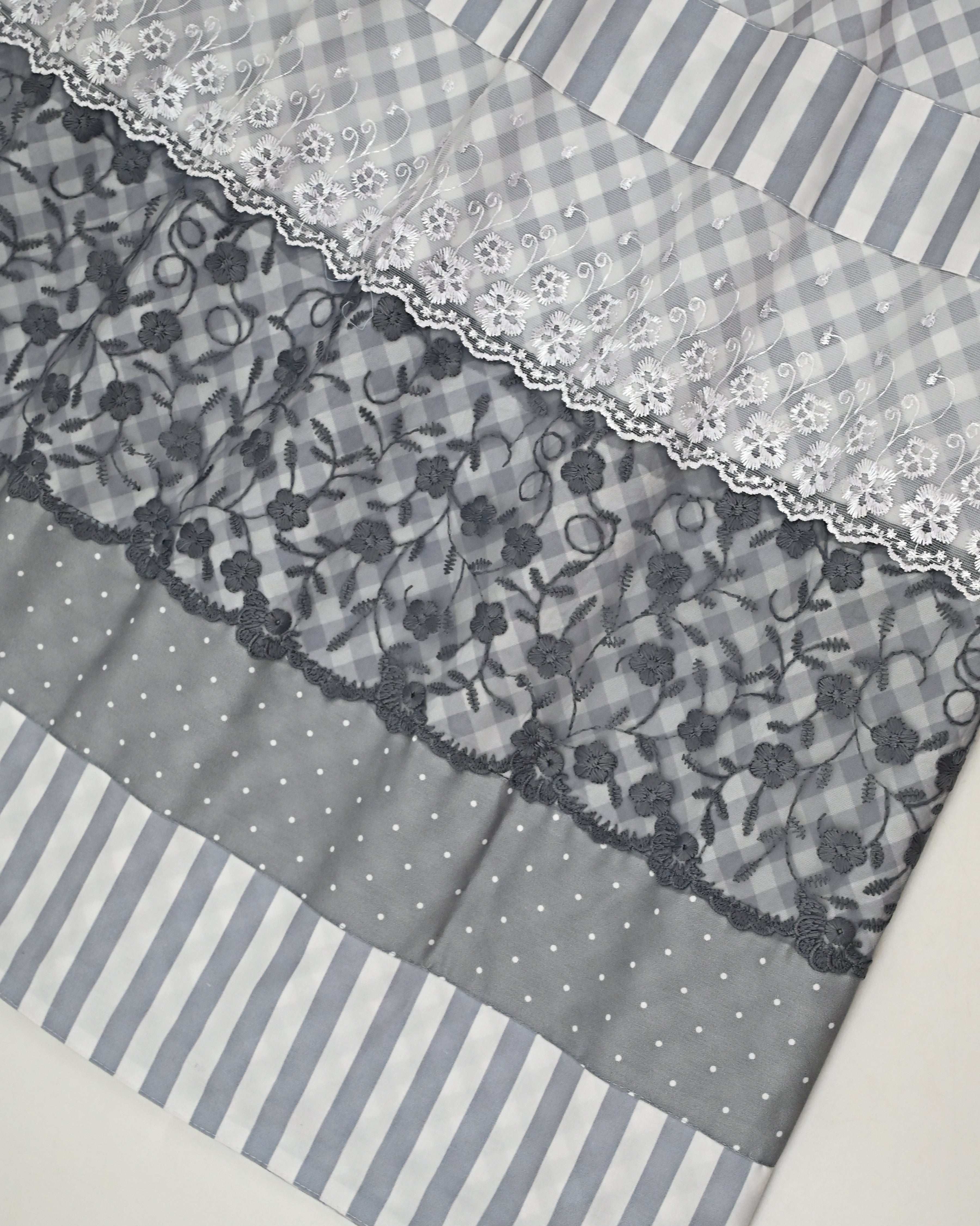 Grey White Cheks Rida With Smart Stripes Dots Panel & Smart Grey Floral Lace