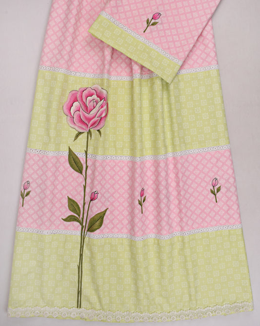 Baby Pink & Light Green Rida With Block Pattern & Rose Embriodery
