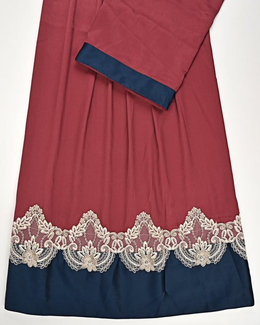 Barn Red Abaya Rida With Dark Abaya Panel & Imported Lace