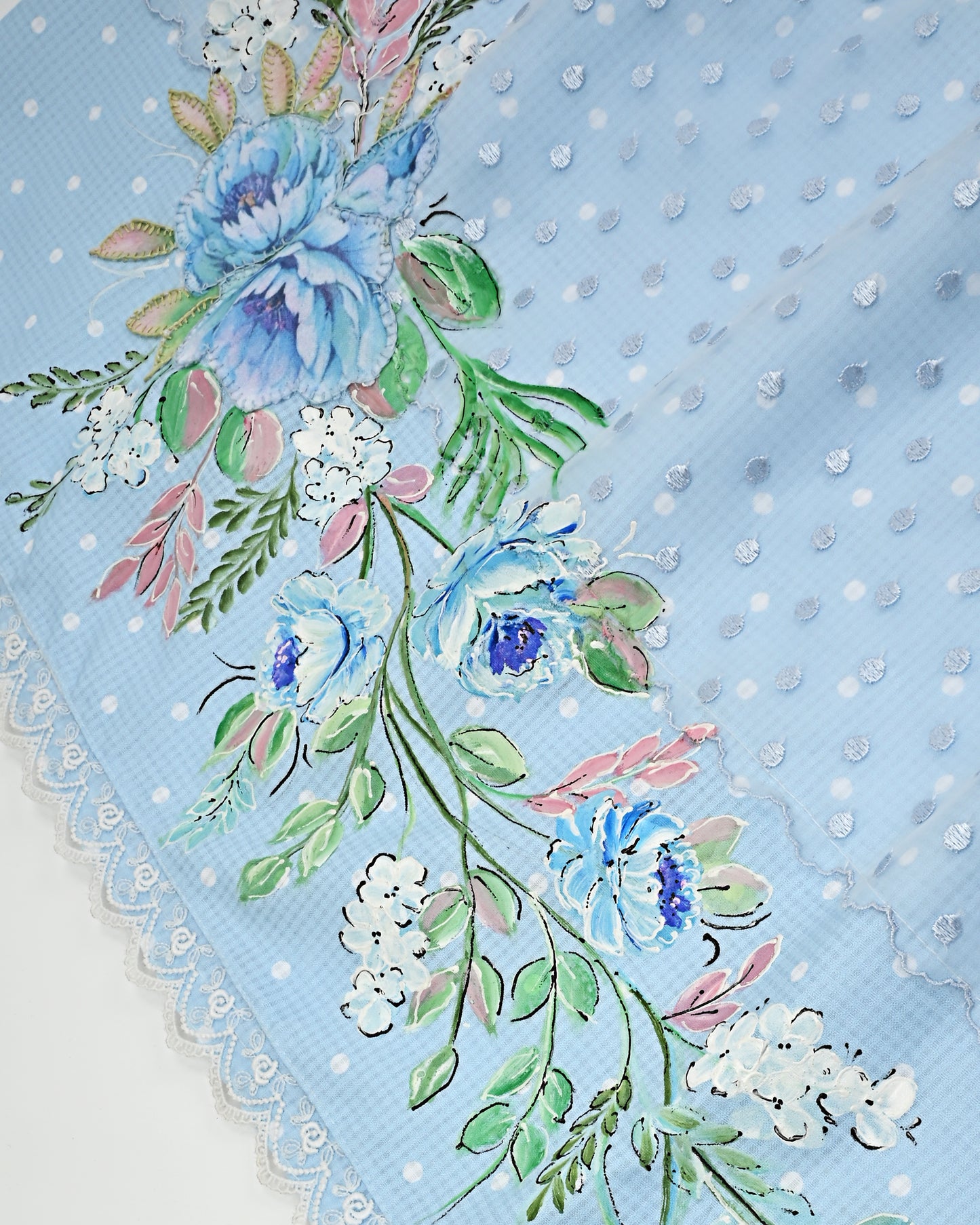 LIght Blue Rida With Smart Lace Peice With Floral Painting