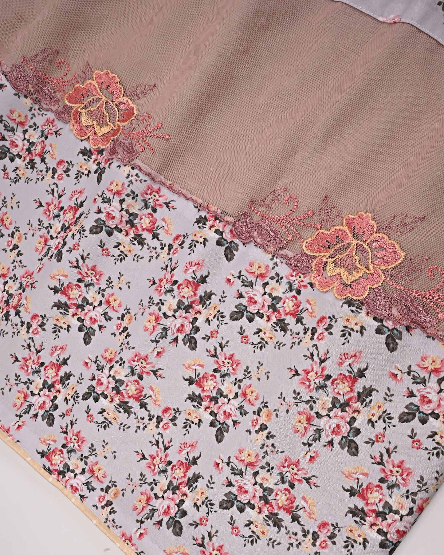 Light Khaki Rida With Smart Floral Print Panel & Floral Lace