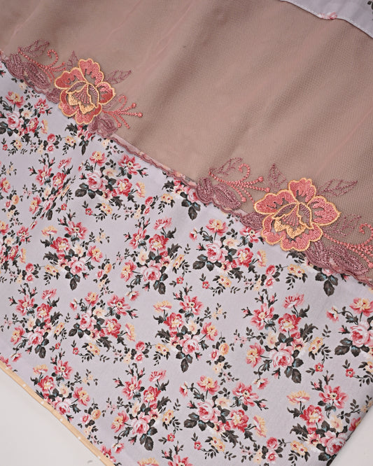 Light Khaki Rida With Smart Floral Print Panel & Floral Lace