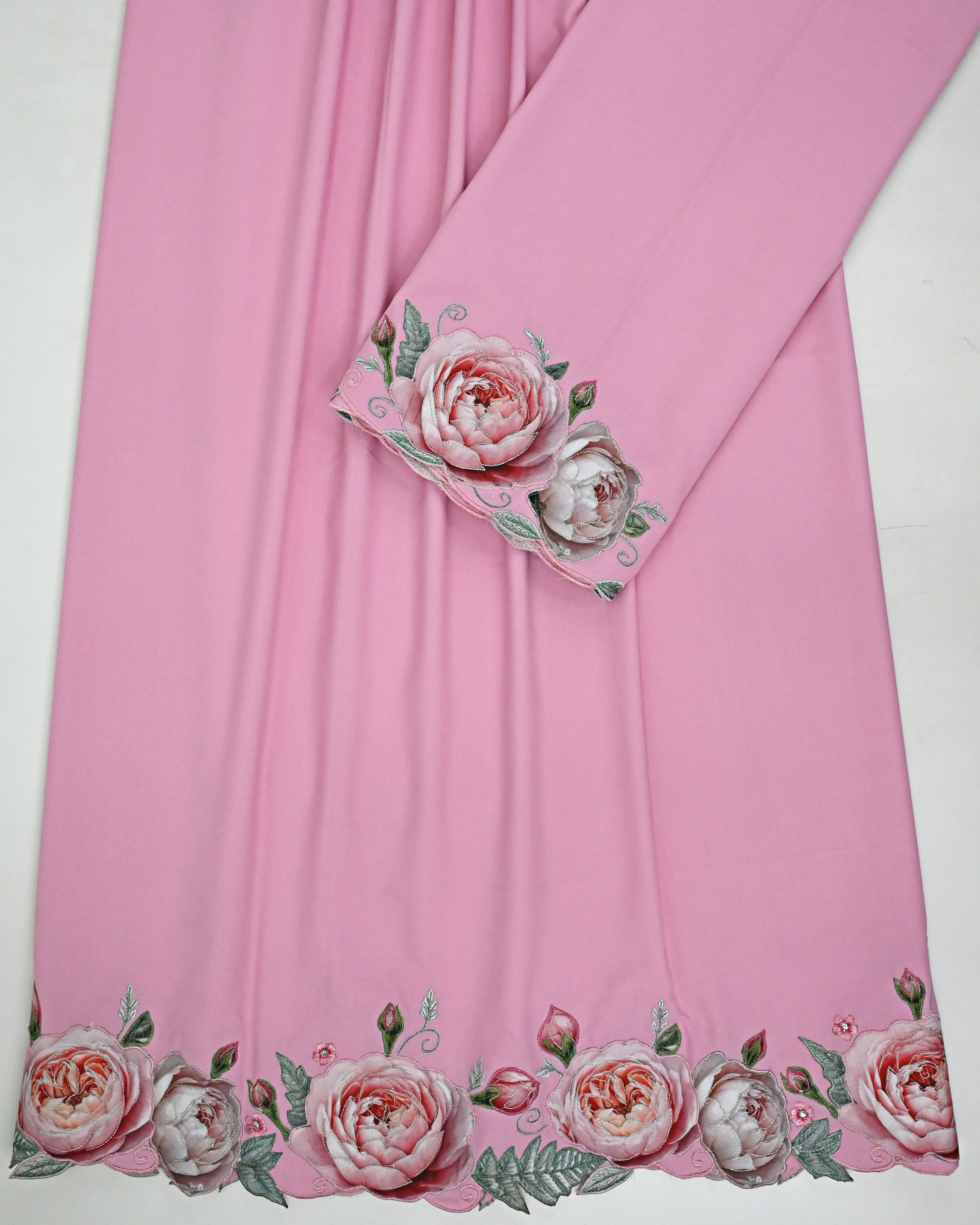 Blush Pink Rida With Dark Applique Floral Embroidery Work & Smart Cut Work