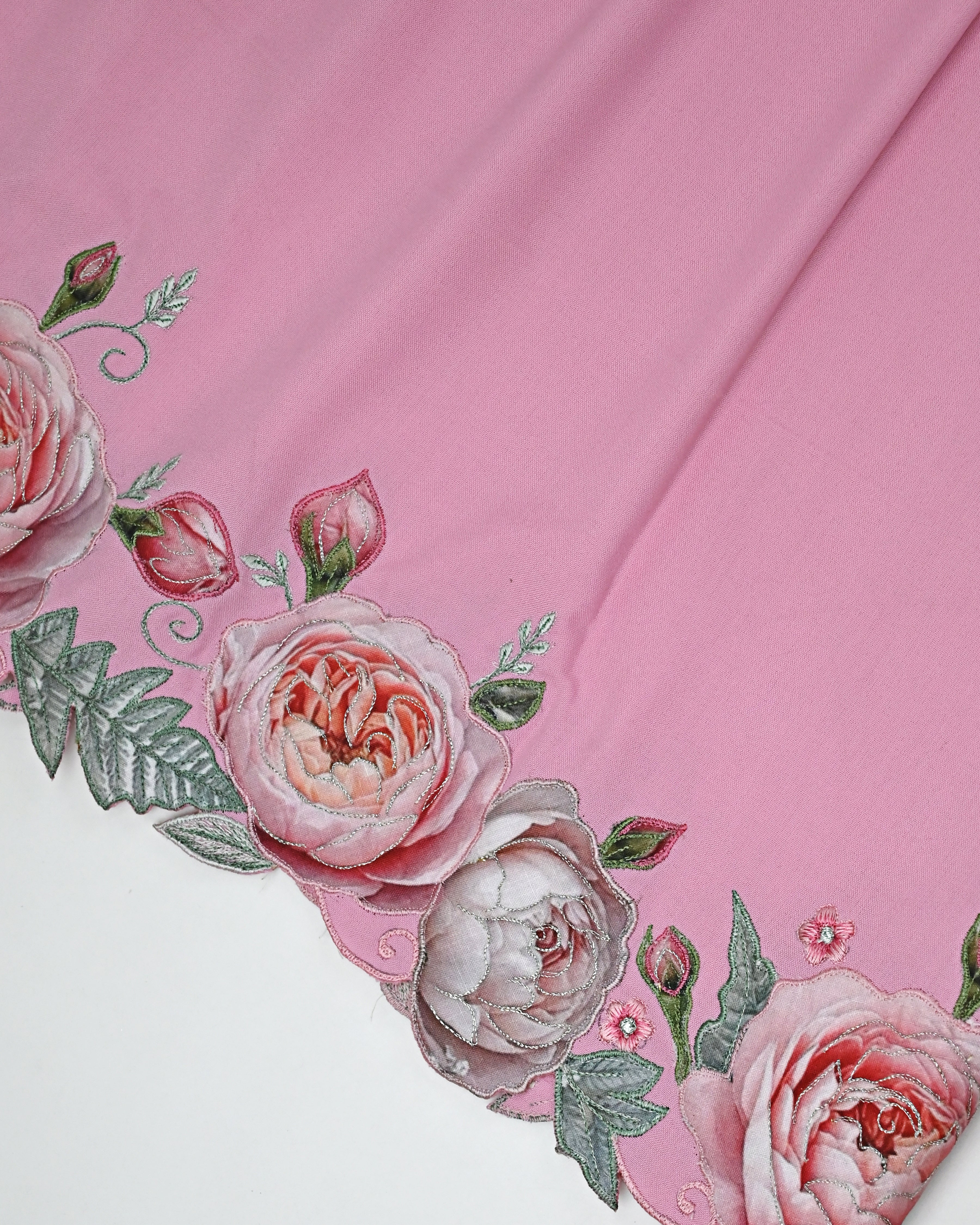 Blush Pink Rida With Dark Applique Floral Embroidery Work & Smart Cut Work