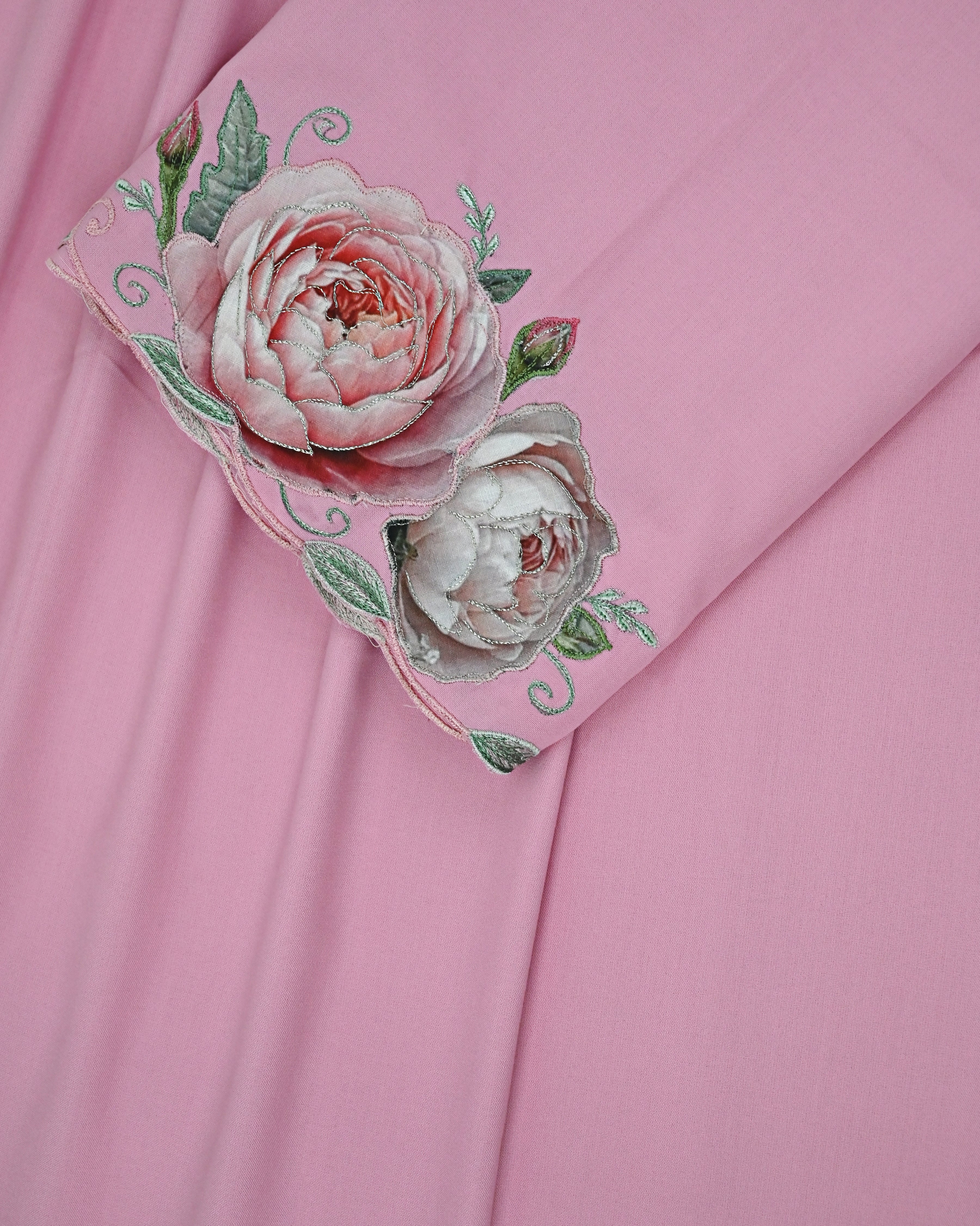 Blush Pink Rida With Dark Applique Floral Embroidery Work & Smart Cut Work