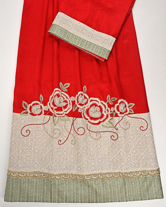 Red Rida With Heavy Look Panel Lace & Heavy Floral Aari Work
