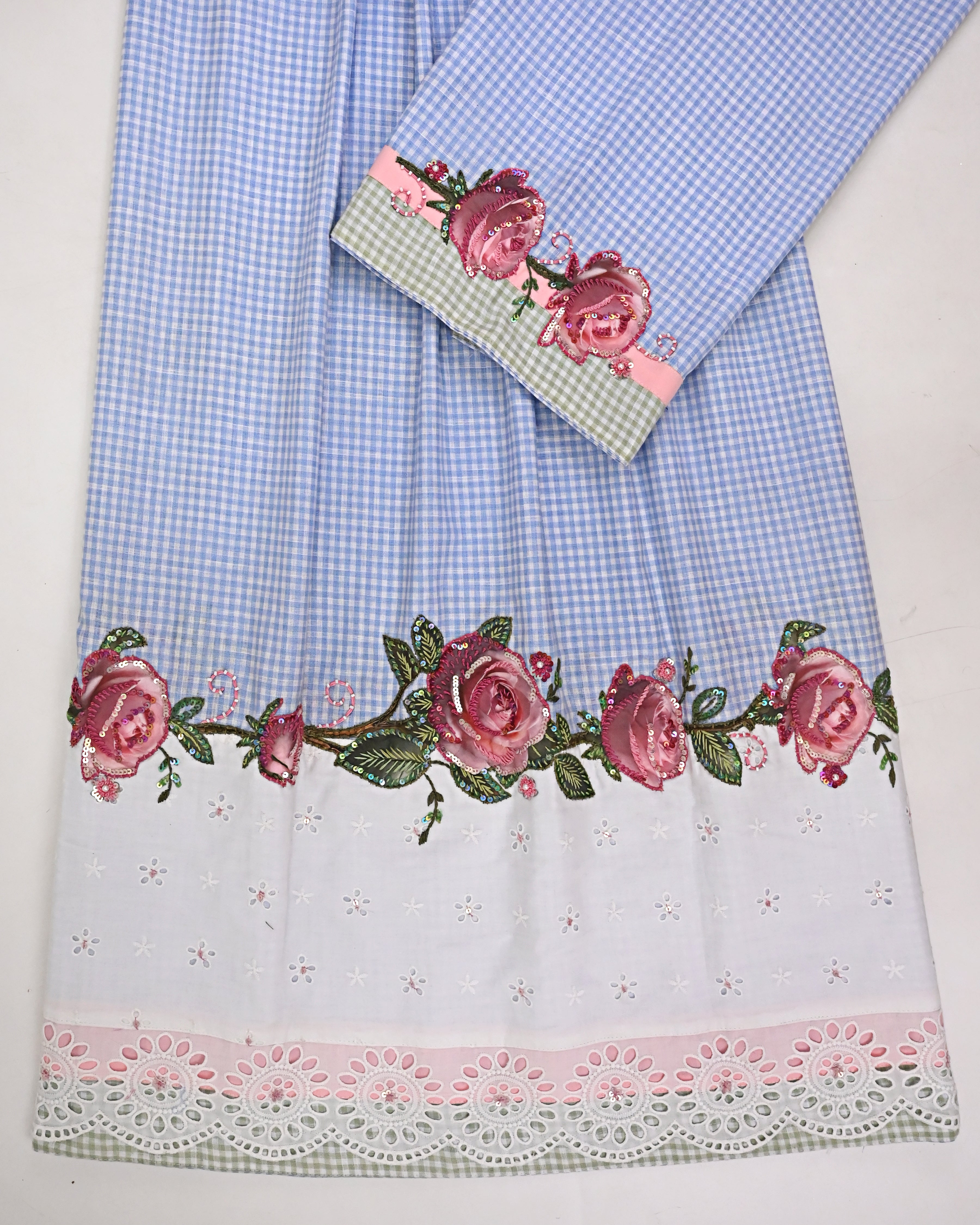 White Blue Checks Rida With Smart Hakoba Panel Smart Lace & All Over Floral Aari Work