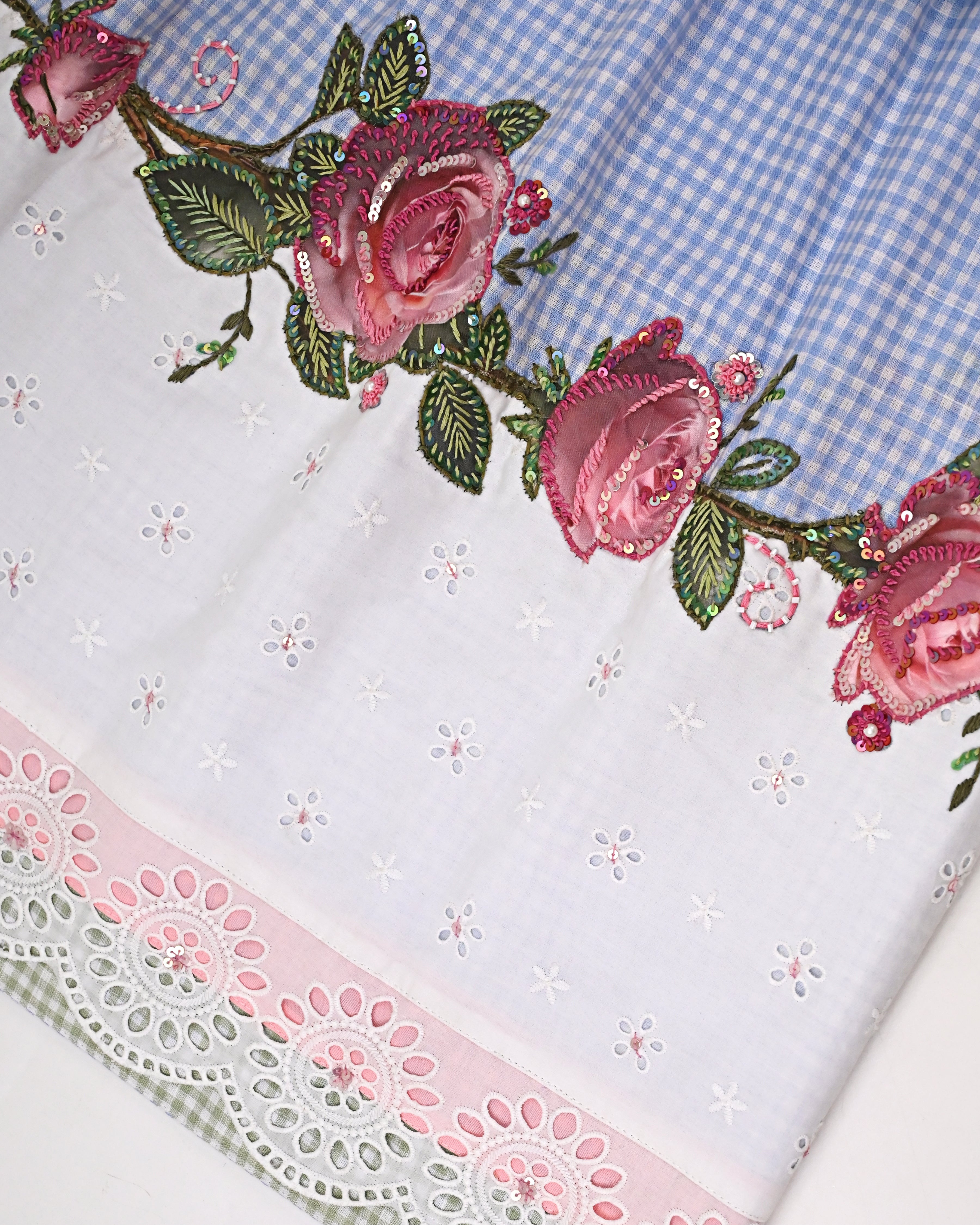 White Blue Checks Rida With Smart Hakoba Panel Smart Lace & All Over Floral Aari Work