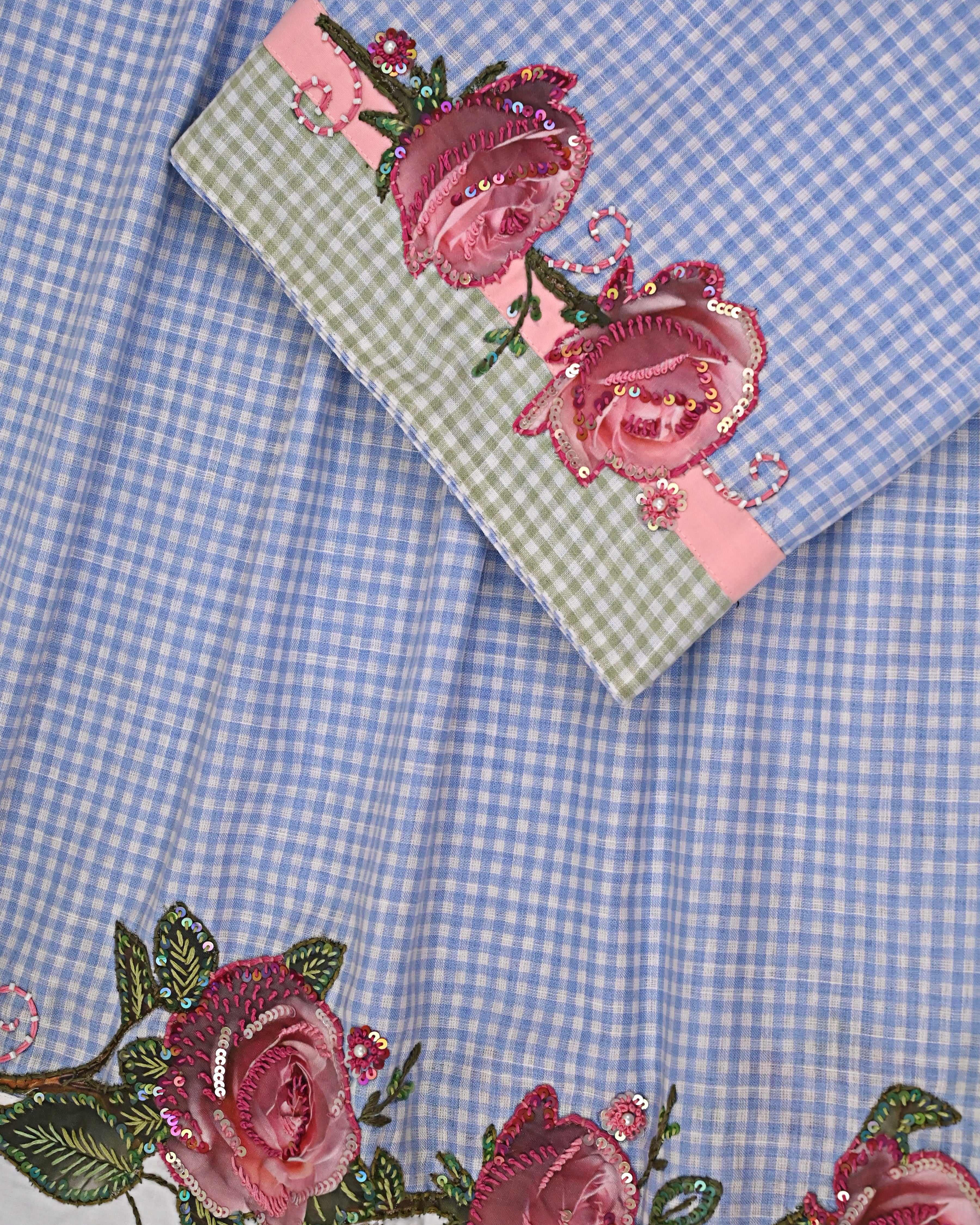 White Blue Checks Rida With Smart Hakoba Panel Smart Lace & All Over Floral Aari Work