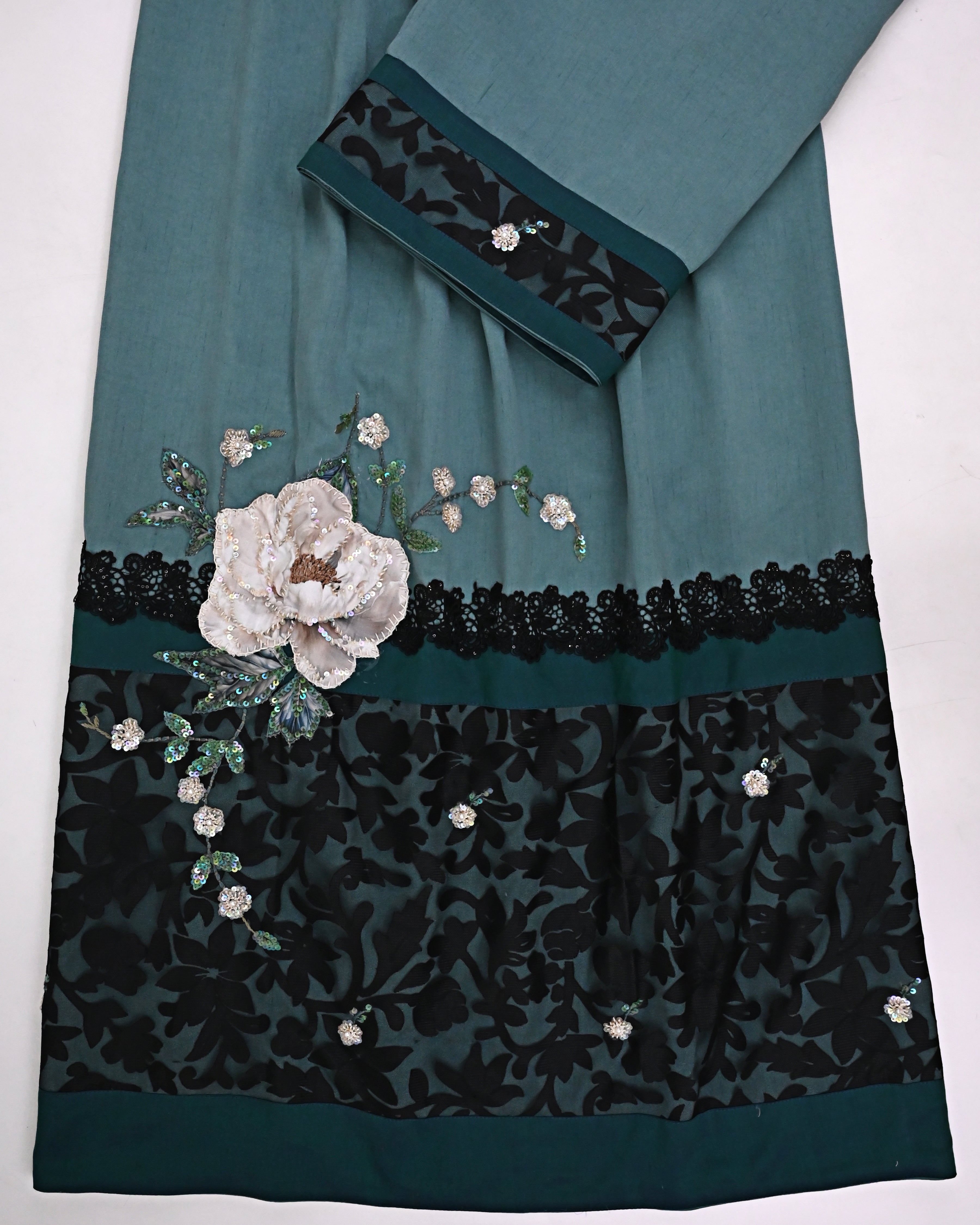 Lotus Green Rida With Smart Floral Black Lace Piece & Floral Applique Aari Work