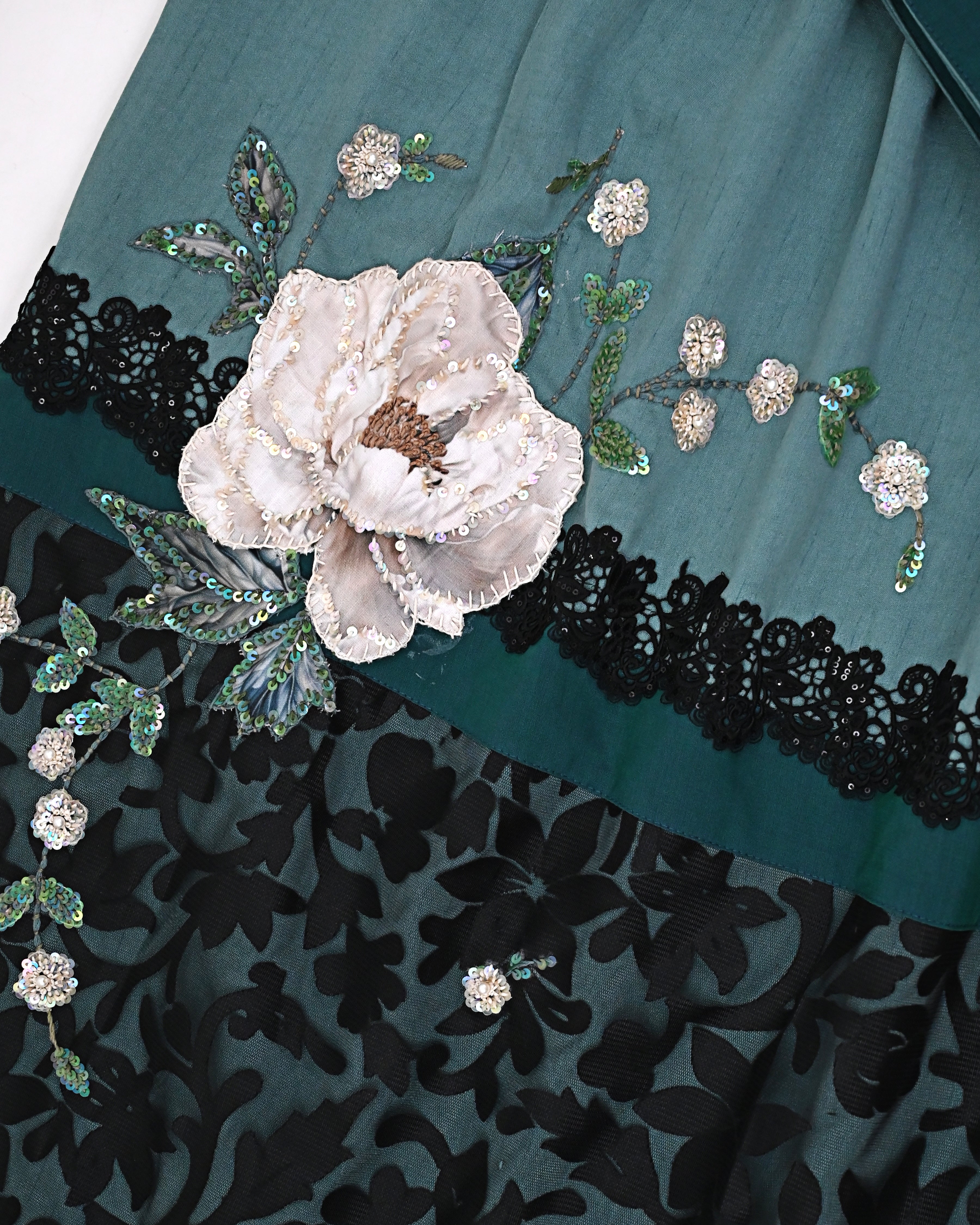 Lotus Green Rida With Smart Floral Black Lace Piece & Floral Applique Aari Work