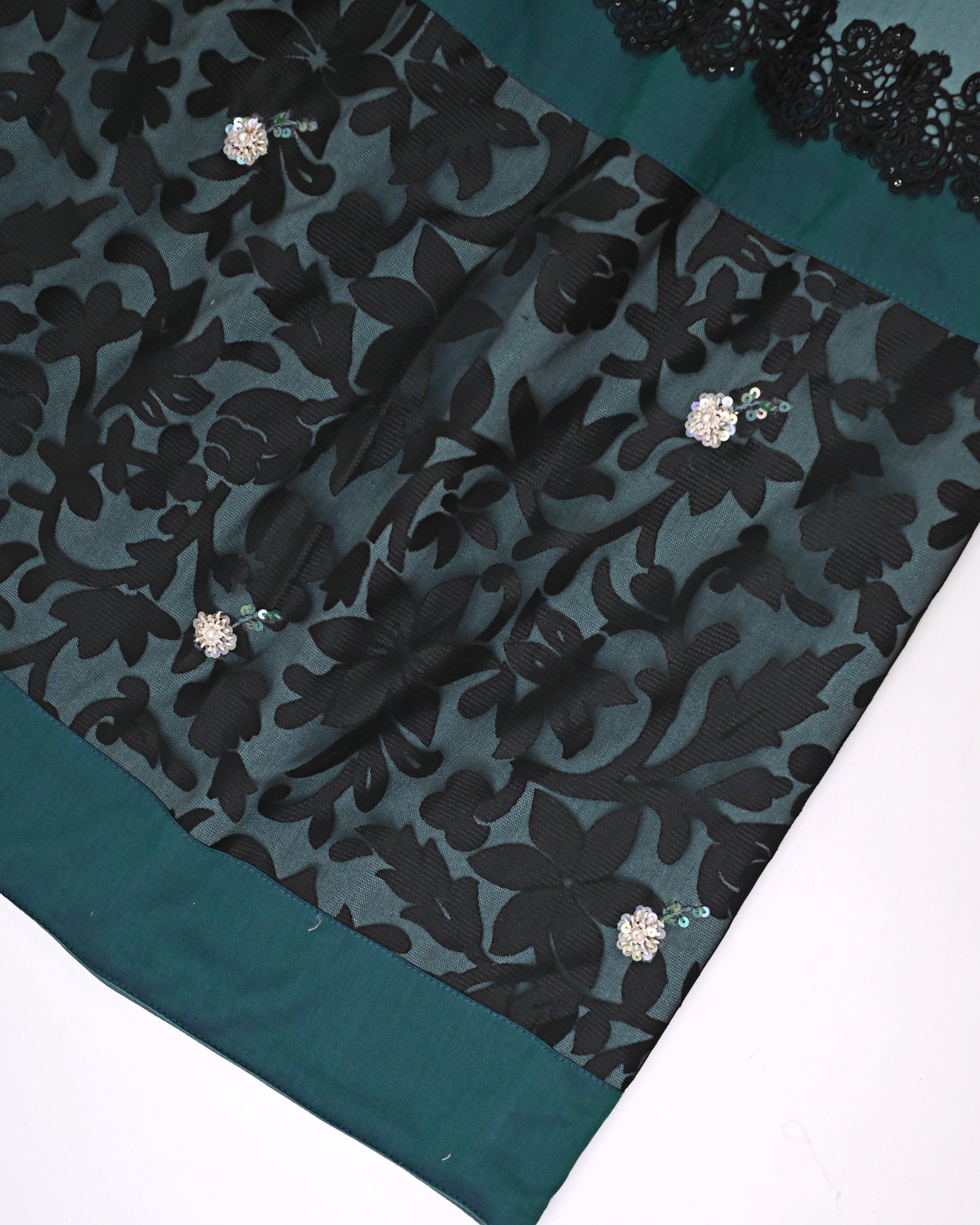Lotus Green Rida With Smart Floral Black Lace Piece & Floral Applique Aari Work